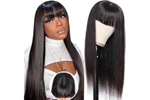 CLASSINE Pelucas Mujer Pelo Natural Derecha Wig Con Flequillo, 2x1 Peluca Negra Lace Front Pelucas Cabello Natural Humano 180% Densidad, Glueless Human Hair Wig With Bangs 20 Pulgadas