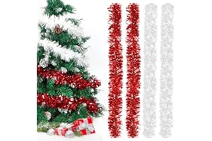 EPOKUS Guirlandes Tinsel Noël Blanc et Rouge,Guirlande De Noel Sapin Brillante 2m,Lot de 4 Guirlande Tinsel Métallique Scintillantes,Guirlande de Décoration de Noel