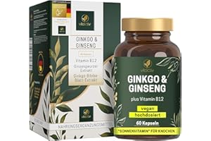 ‎VITACTIV NATURAL NUTRITION VITACTIV Ginkgo & Ginseng Kapseln - 60 Stk. - Hochdosiert, 5000mg Ginkgo und 1000mg Ginsengwurzel - Plus Vitamin B12 - Alternative zu Brain Booster & Gedächtnis Kapseln - Vegan, Laborgeprüft