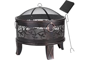 Brasero de Jardin Acier Rond Ø 67cm Noir Bronze Anneaux de Transport Barbecue Jardin feu Bois Camping Foyer feu de Champ cheminée extérieur