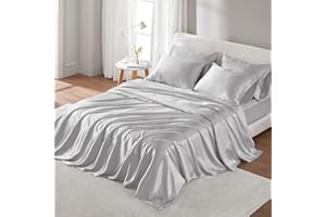 Madison Park Essentials satynowy zestaw luksusowych i jedwabistych prześcieradeł z naturalnym połyskiem, głęboka kieszeń premium 40 cm, elastyczna dookoła - pościel całoroczna, jasnoszara, 6-częściowy