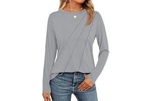 WNEEDU Camiseta Manga Larga Mujer T-Shirt Ligeras de Cuello Redondo Túnicas con Pliegues Informales