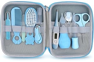 LOIIERU 11 Teilige BabyPflegeset Neugeborenen-Babypflegezubehör,Tragbare Baby Safety Care Set mit Haarbürste Kamm Nagel Clipper Nasal Aspirator Baby für Kindergarten Neugeborene Jungenmädchen(Blau