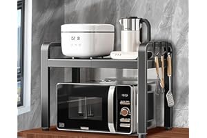 Uwenkjie Expandable microwave oven rack, oven rack, kitchen shelf rack with 6 hooks, baking rack, kitchen counter storage rack to save space, carbon steel load-bearing 55 pounds/25 kilograms