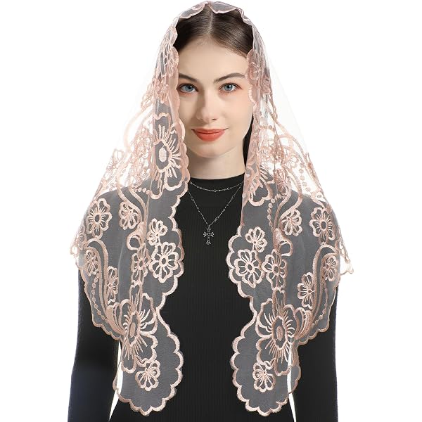 Voile D'église Catholique Pour Femmes (mantille) - Forme D, Broderie Florale Bleue Sur Tulle - Taille Unique (env. 104x64 Cm) - Avec Pinces à Cheveux - 11