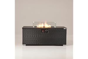 REALGLOW Warmpact Rattan Table Gas Fire Pit in Black - 13KW Rectangular Propane Gas Fire Pit w/Removable Glass Wind Guard, Lava Rock & Lid Cover - Coffee Table w/Heater for Garden, Deck