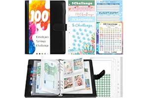 TAOPE Segregator pierścieniowy A5, wielokrotnego ładowania, 6 pierścieni, segregator ze skóry PU A5, na 100 kopert Saving Challenge, czarny notatnik z przezroczystymi kopertami i kieszeniami