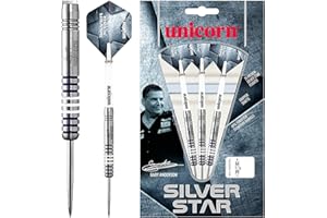 Unicorn Steel Tip Darts Set - Gary 'The Flying Scotsman' Anderson Silver Star - 80% Natural Tungsten Barrels with Blue Accents - 20 g, 21 g, 22 g, 23 g, 24 g, 25 g or 27g