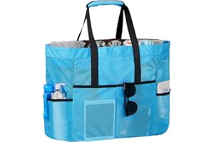 LIVACASA Strandtasche Mesh Extra Gross Meshtasche Faltbar mit Reißverschluss Familie Shopper Vielfäche Umhängetasche Netztasche Weiche Tragetasche Picknicktasche für Sandspielzeug Einkauf Blau