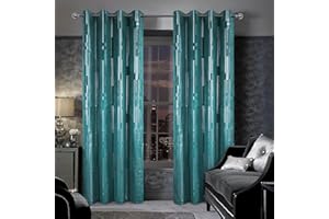always4u 100% Blackout Curtains Eyelet for Bedroom Teal Soft Velvet Curtain Stripe Foil Printed Shining Luxury Window Drapes for Living Room 1 Pair 90 * 90