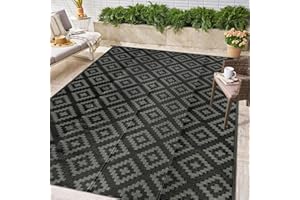 Homcomodar Outdoor Rug 150x245cm Reversible Mats Plastic Straw Rug UV Resistant Camping Mat Recycled Outdoor Area Rug for Patio Beach BBQ Picnic Deck Balcony(Black-Grey)