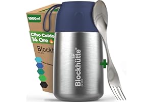 Blockhütte Contenitore Termico per Alimenti Caldi in Acciaio Inox I 1l I Thermos Cibo Caldo Adulti fino a 14h I Portapranzo Termico a Tenuta Stagna per Adulti e Bambini I Thermos Pasta - Blu
