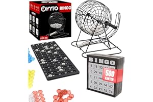 Kyto Bingo Spiel Metalltrommel 18 Bingotickets, 75 Bingo Kugeln, 150 Chips Spielbrett + 500 Bingokarten schwarz Erwachsene Kinder
