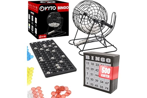 Bingospel metalltrumma 18 bingolotter 75 bingobollar 150 marker spelplan + 500 bingobrickor svarta vuxna barn