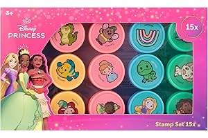 DISNEY STORE Disney Princess 15 sztuk znaczków dla dzieci z Rapunzel, Vaiana i Tiana, zestaw DIY dla dziewczynek od 3 lat, kreatywna zabawka na urodziny dziecka i mały prezent, certyfikat FSC
