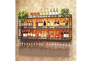 BUBEO Wall Mounted Wine Rack with LED Glass Holder, Liquor Bottles Shelves Display Storage Organizer Hanging Long Stemware Goblet Metal for Home Mini Bar Cellar Black