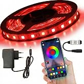 AmberLED 10 Metre RGB Şerit LED Seti - Bluetooth Uygulama Kontroll&uuml; - M&uuml;ziğe Duyarlı 5050 3 &Ccedil;ipli Tak &Ccedil;alıştır - Adapt&ouml;r Dahi