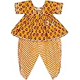 superminis Cotton Blend Baby Girl's Jaipuri Print Frock Style Kurti With Frill Sleeves And Dhoti Style Salwar With Elastic Closure Ethnic Dress Clothing Set