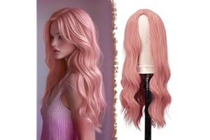 ‎FESHFEN FESHFEN Lange Lockige Rosa Perücke, 55 cm Mittelscheitel Frauen Perücken Natürlich synthetische Perücken Damen Locken Wavy Wig für Party Täglich Long Wavy Wig