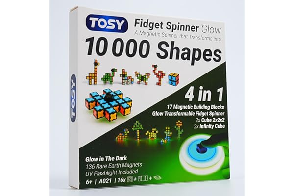 TOSY Magnet Fidget Spinner Glow - 16 Bloques: Fidget Spinner transformable, Cubo Infinito/Rompecabezas, Brillante, niños y Adultos, Juguete sensorial Stem