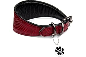 FAVPET Lujo Collar Galgo Ancho de Cuero con Etiqueta ID QR y D-Anillos de Metal Engrosados para Galgos Italiano, Español, Saluki, Whippet, Lurcher, Podenco, Patrón de Piel Serpiente (S, Rojo)