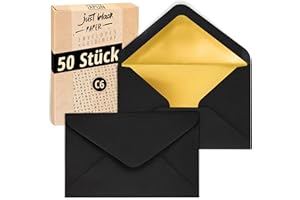 Japun - sobres (50 unidades), sobre sin ventana - DIN C6-162 x 114 mm - interior: oro - color del papel: negro