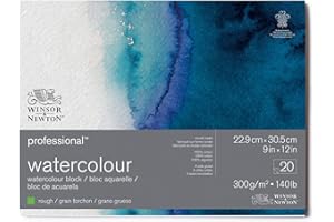 Winsor & Newton Papel de Acuarela Profesional, Grano Grueso, 300gr, 100% Algodón, Blanco Natural, Libre de Ácidos, 22,9X30,5CM, Bloc Encolado en los 4 Lados, 20 Hojas