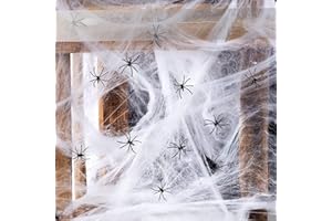 JAOUCUE Spinnennetz Halloween, Spinnennetz Deko mit 300g Spinnennetz und 50 Spinnen, Deko für Indoor Tischdekoration Party Tür und Fenster Karneval Garten Horror Deko Outdoor