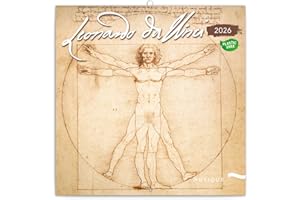 NOTIQUE Leonardo da Vinci kalendarz ścienny na rok 2026, bez plastiku, kalendarz broszurowy z miesięcznym kalendarzem, kalendarz broszurowy 30 x 30 cm (otwarty 30 x 60 cm)