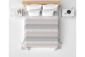 HomeLife Copriletto Matrimoniale Estivo Cotone Piquet 100% Made In Italy - Fresca Coperta Matrimoniale Cotone, Leggera e Traspirante per l'Estate con Elegante Fantasia Tribale - Beige, 260x280