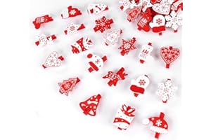 60 Pinces à Linge de Noël en Bois,ilauke 10 Styles Motif de Noël Pinces Décoratives Rouge et Blanc,48mm Pinces en Bois avec Corde de Chanvre 10m pour Calendrier de l'Avent de Noël Bricolage Décoration