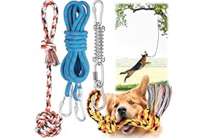 Yes4Quality Dog Outdoor Bungee Hanging Toy, Blue Interactive Tug Toy Rope w/Metal Spring Kit & 2 Rope Toys, Heavy-Duty Exercise Equipment for Dogs