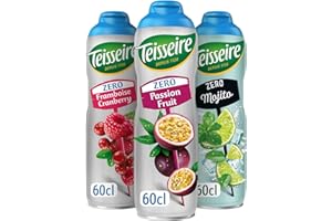 Lot de 3 sirops Teisseire Zéro Sucres (Fruit de la Passion, Framboise-Cranberry, Mojito) pour Boisson Rafraîchissante, Cocktails, Bidon Recyclable 3x60cl