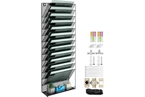 HIHOBDAY 13 Tier Mesh Hanging File Organizer Vertical Wall File Organizer Magazine Storage Rack for Office School Home, Nametag Label Hooks Set Included, Black