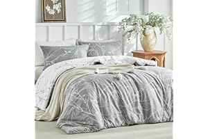 Lekesky King Size Duvet Cover Sets Grey Bedding Sets 3 Piece, Botanical Branches Printed Microfiber King Duvet Set (1x Grey Duvet Cover 230x220 cm + 2x Matching Pillowcases) King Size Duvet Cover