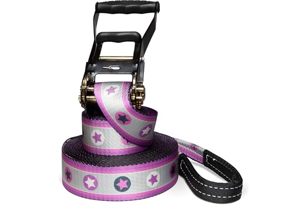 Slackline set, rosa stjärnor, 15 meter längd, komplett set för barn, nybörjare och familjer, inklusive rep och bärväska (15)