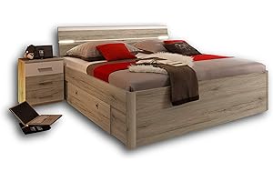 ‎STELLA TRADING Stella Trading MARS Stilvolle Doppelbett Bettanlage 180 x 200 cm mit 2x Nachtkommoden - Schlafzimmer Komplett-Set in Eiche San Remo Optik, weiß - 216 x 97 x 185 cm (B/H/T)