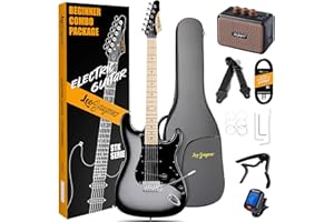 Leo Jaymz 39" Full Size ST Style Electric Guitar Starter Kit with SSH Pickup, 5W Portable Amp, Tuner, Gig Bag, Strap & Accessories(Silver Black 5W)