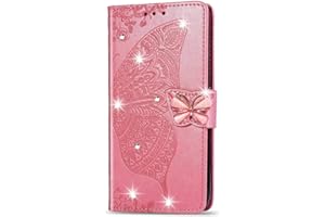 Reevermap iPhone 12 Case Glitter iPhone 12 Pro Case Crystal Flip PU Leather Phone Cover for iPhone 12/12 Pro, Shockproof Wallet Card Slots Butterfly Gems Bling Magnetic Kickstand, Pink