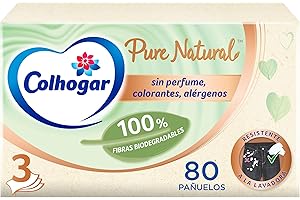 Colhogar Pure Natural x80 - Caja de Faciales Suaves Biodegradables - Resistentes a la Lavadora - Hechos con Materiales Reciclados - Caja con 80 Pañuelos - Color Natural