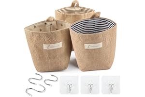 Hotipine 3 Pz Retrò Borse Portaoggetti da Appendere, pieghevoli da Parete Borsa Appeso in cotone e lino con manico e 6 ganc per trucchi chiavi e piccoli oggetti L'Ufficio Bagno Cucina (14 * 13 cm)