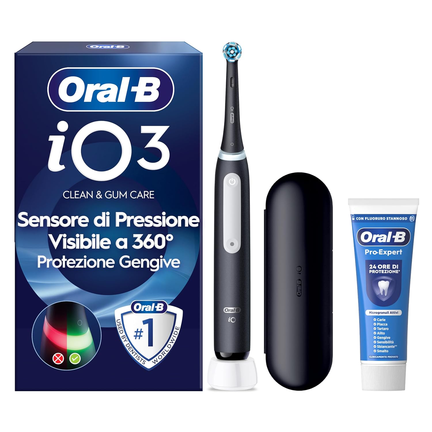 Oral-B iO 3 Spazzolino Elettrico Ricaricabile, con 1 Testina di Ricambio, Nero - 1 Testine di Ricambio per Spazzolino Elettrico, Custodia da Viaggio + 1 Dentifricio Pro Expert, Pulizia Denti Efficace