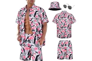HARNYLOOM Camicia Hawaiana Uomo T-shirt Manica Corta Festa Hawaiana Camicia Pantaloncini Cappello Occhiali da Sole Estate Tropicale Aloha Vacation