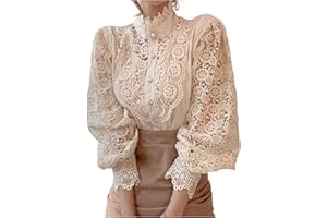 FRESQA Camicia Patchwork in Pizzo con Maniche a Petalo, Colletto alla Coreana, Scava Fuori, Camicetta in Pizzo da Donna, Top Bianco con Bottoni