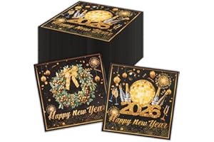 DPKOW Happy New Year Paper Napkins Serviettes New Years Eve Party Decorations Supplies 2026, 40pcs Black and Gold 2026 Napkin Disposable, 33 x 33cm