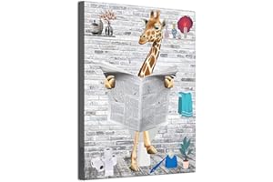 MKHFUW Art mural amusant pour salle de bain, animaux drôles, lecture de journaux dans les toilettes, sur toile, pour toilettes, salle de bain, animaux, œuvre d'art, sans cadre, (girafe, 30 x 40 cm)