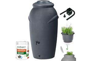 NOVECRAFTO Water Butt with Tap Kit 210L - Rainwater Collector with Tap, Diverter And Bio Cleaner - Decorative Anthracite Water Tank Amphora-Shaped for Gardens, Terraces - Collect and Promote Plant Growth
