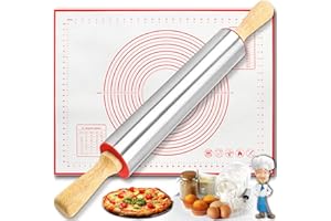 BOCHION Jeu de Rouleau Patisserie, Rouleau a Patisserie en Acier Inoxydable avec Marquage de Mesure Tapis de Cuisson en Silicone, Rouleaux à Pâtisserie Antiadhésif pour Fondant, Pizza, Gâteaux et Pâte Sablée
