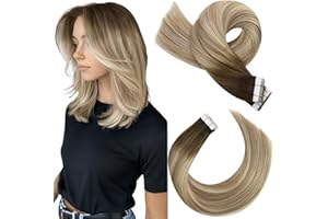 Moresoo Extension Capelli Veri Biadesivo Balayage Marrone a Marrone Chiaro con Biondo Medio Remy Extension Adesive Invisibili #3/8/22 35 cm 20pz 50g