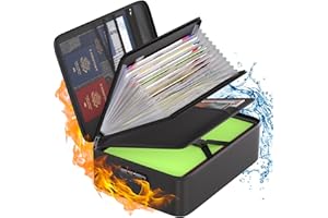 Tamfile Fireproof Document Box, 15''×11.2''×4.3'' Waterproof Document Storage Box with Removable 13 Pockets Expandable Folder and Labels, Portable File Organiser Box with Lock for Documents, Black